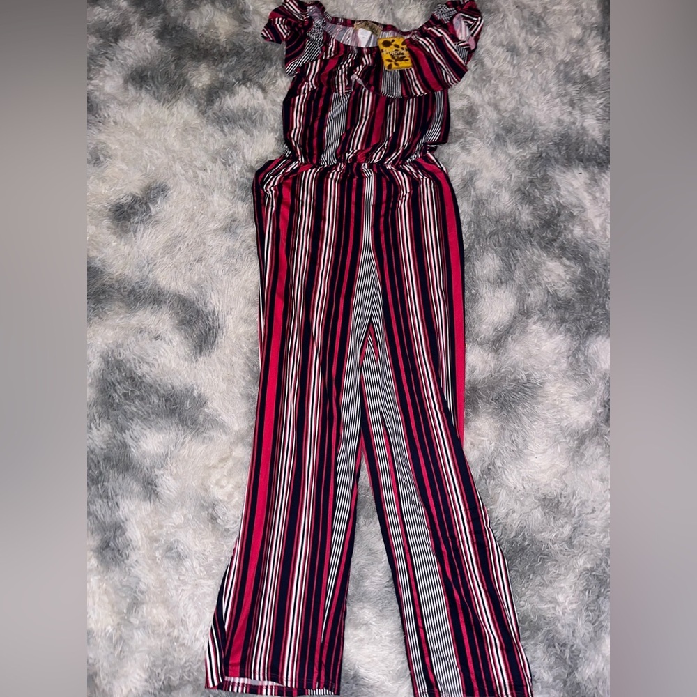 Hybrid & company Red & Navy Blue Striped Wide-Leg Jumpsuit Off-Shoulder - NWT M